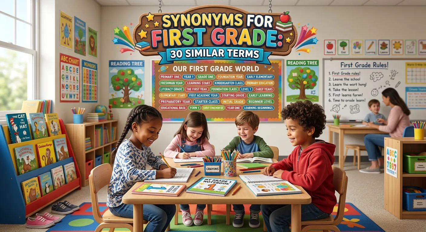 Synonyms for first grade showing Grade 1, Year One, Primary One, and elementary school terms
