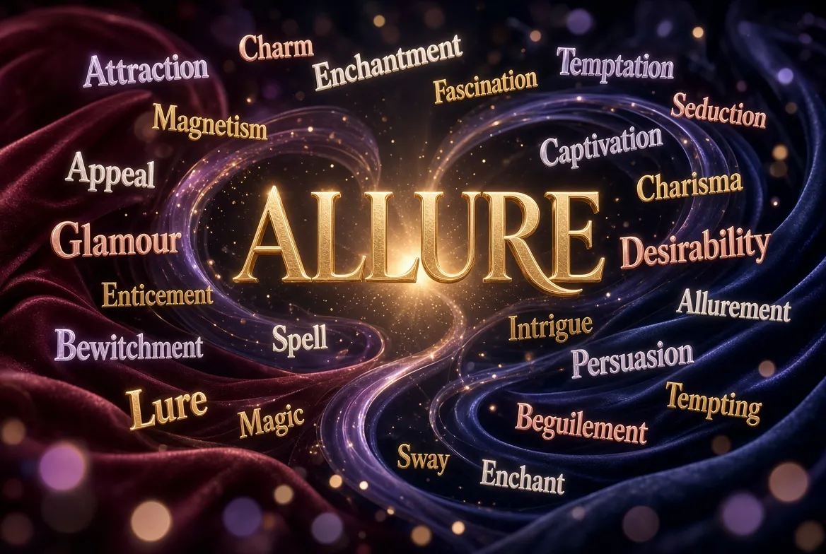 Synonyms for allure with words such as charm, appeal, attraction, and fascination