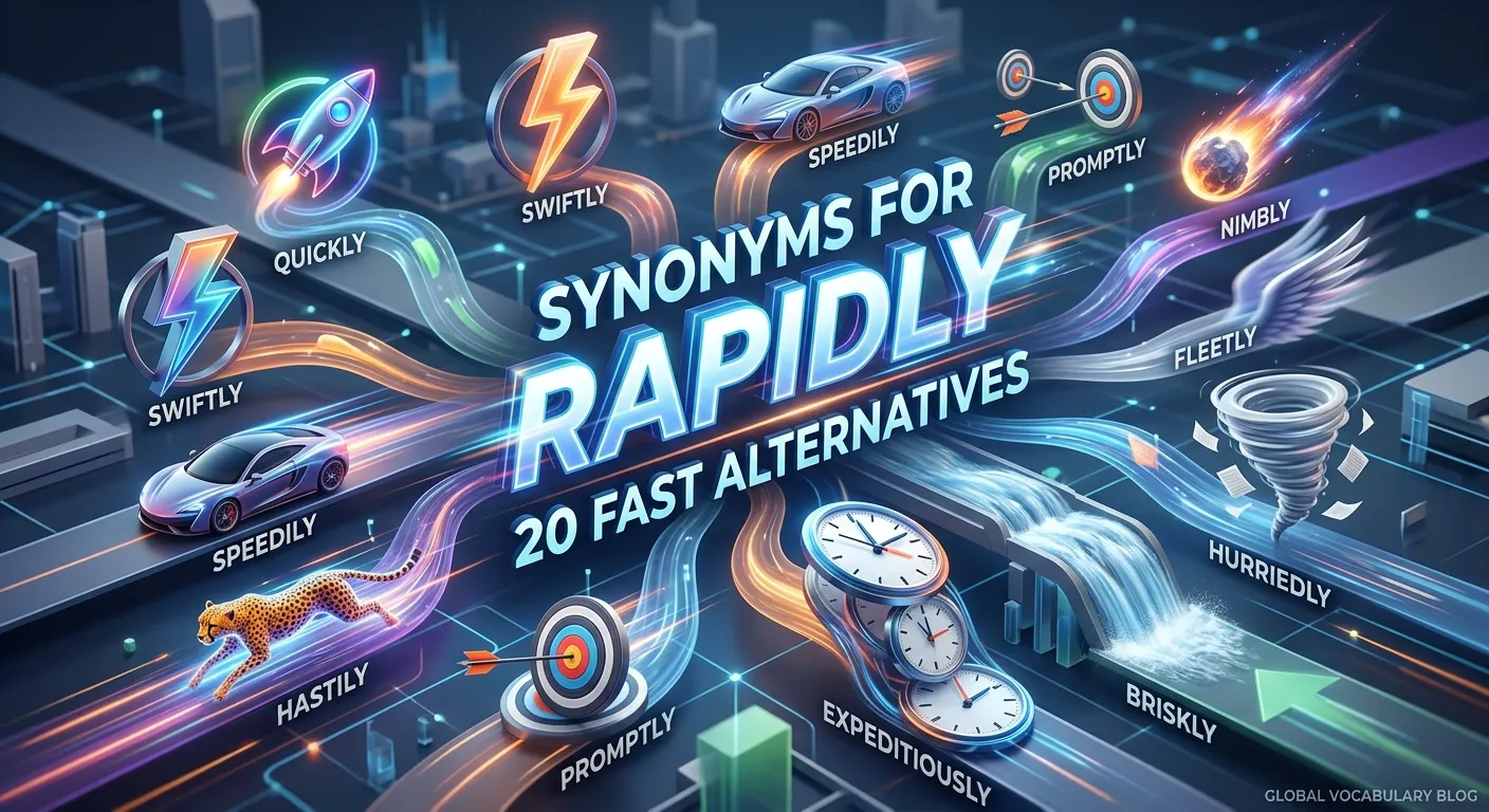 Educational comparison showing rapidly and its common synonyms such as quickly, swiftly, and promptly