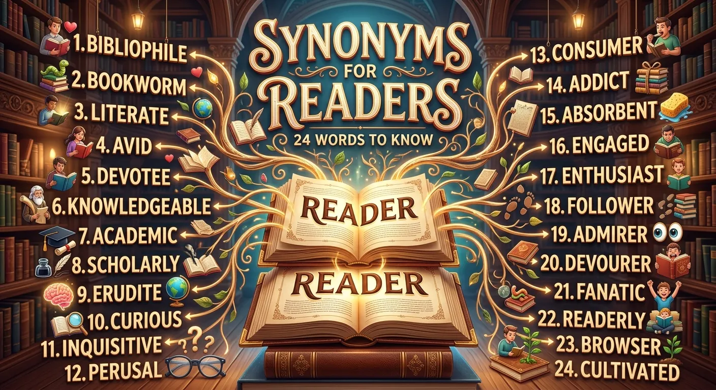 Synonyms for readers including bookworms, audience, readership, and book lovers