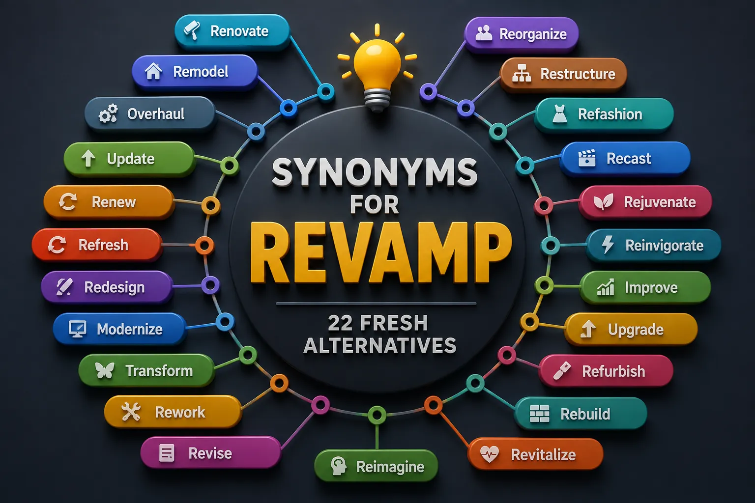3D infographic showing 22 synonyms for revamp