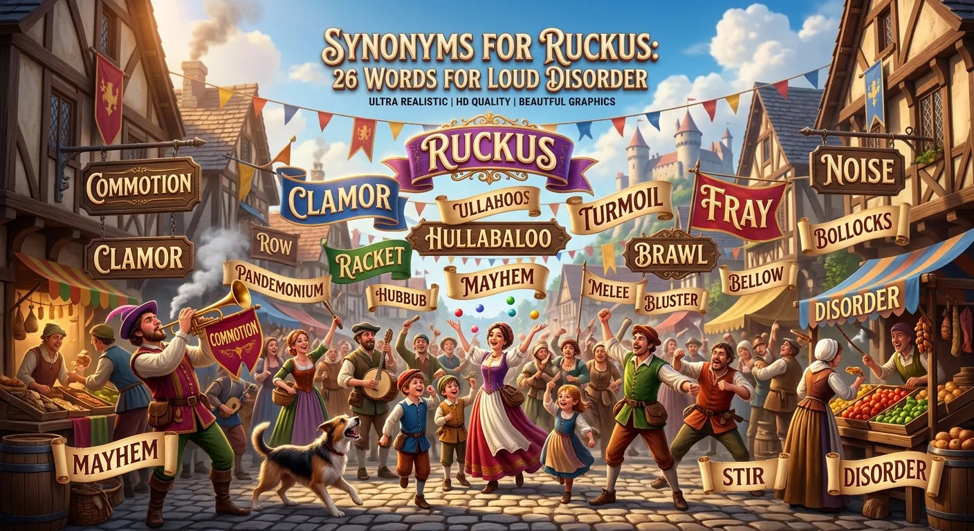 Synonyms for ruckus, including commotion, uproar, rumpus, disturbance, and hullabaloo