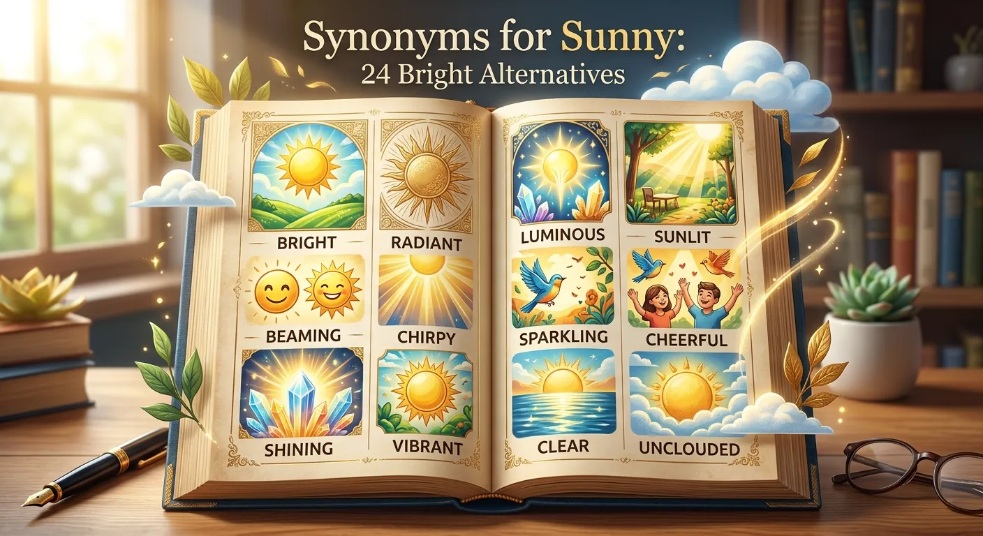 Synonyms for sunny including bright, radiant, cheerful, clear, and upbeat