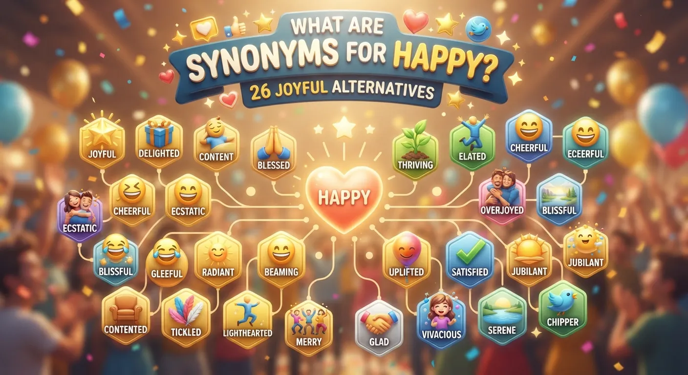 Learn 26 synonyms for happy with simple meanings and examples.